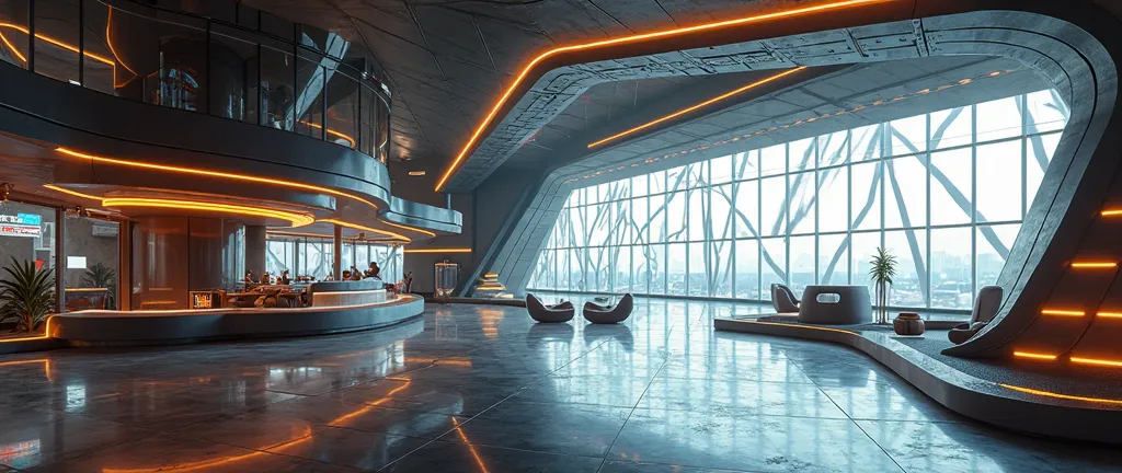 (photorealism:1.2), asymmetrical side-seat view of a terminal waiting area in an advanced international airport, marvelous architecture, lots of glass, massive darker neo-modern aesthetic, a touch of neon orange, there is dark grey, advanced technology, ad...