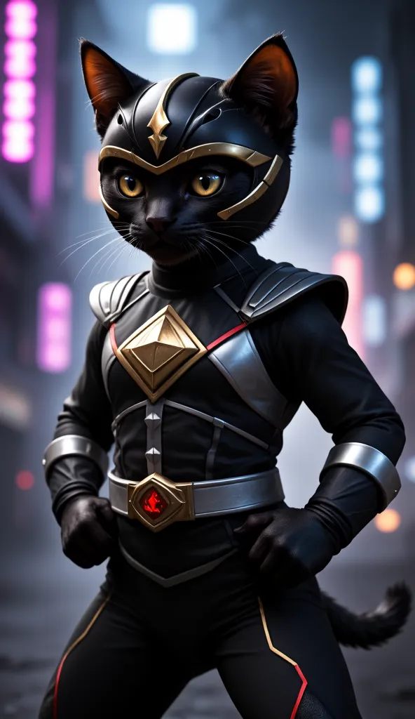 A heroic kitten dressed as the Black Mighty Morphin Power Ranger. The suit is sleek black with silver diamond-shaped patterns on the chest and arms, inspired by the classic MMPR aesthetic. The helmet features a black visor with a golden lightning bolt, cat...