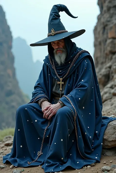 Make a wizard in dark blue robes with stars and hat, with a crucifix tattoo on his face sitting on a rock.