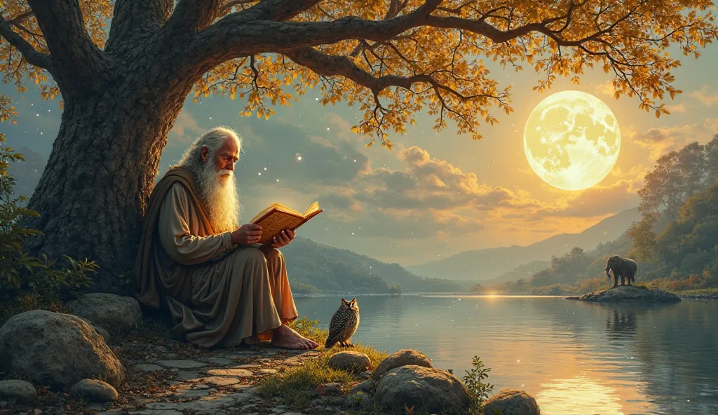 "A serene and timeless scene that symbolizes wisdom. in the center, an old man with a calm face and eyes full of experience, sitting under an ancient tree with golden leaves that shine softly. In his hands he holds a Old gamino partially unrolled, with sym...