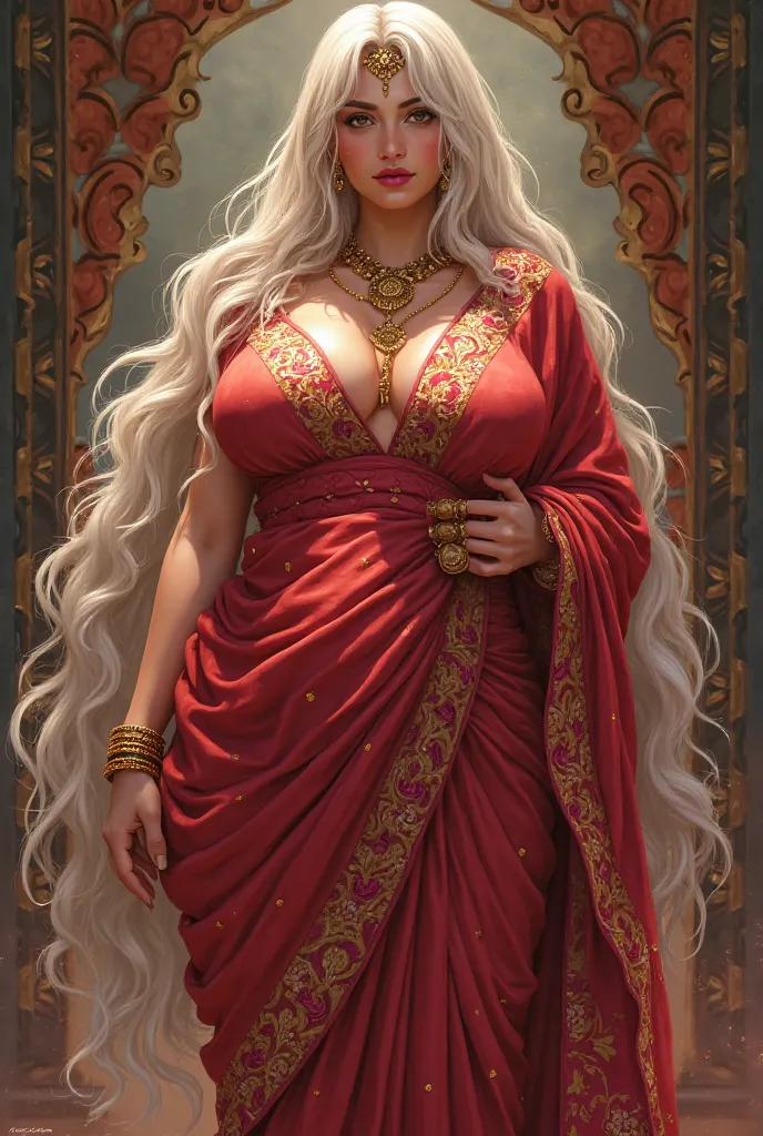 Tsunade big tits big boobs busty figure thick thighs pink lips gorgeous in Indian style Saree curvy desi milf
