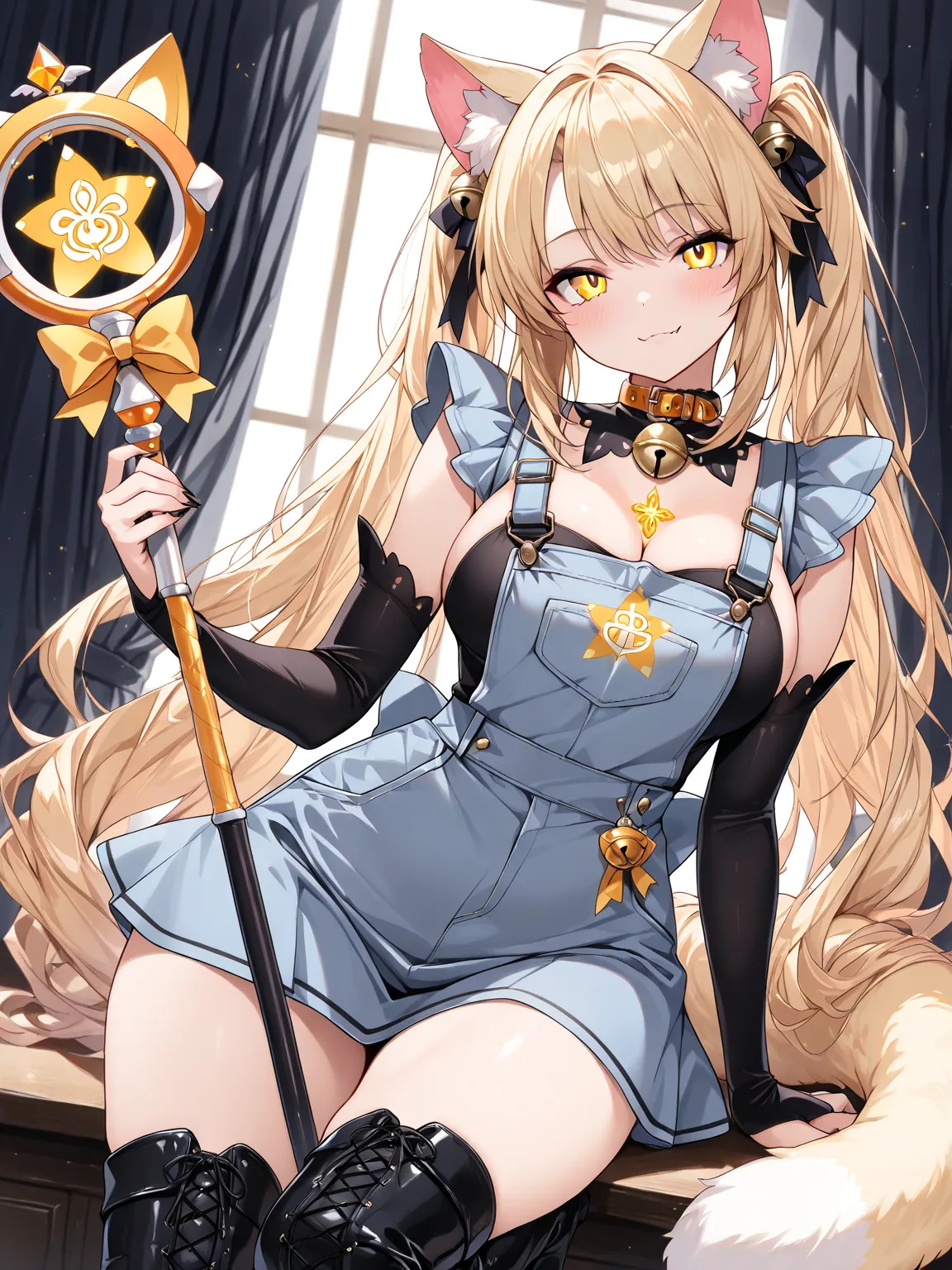 ((masterpiece, best quality, extremely detailed)), 1girl, playful and cute magical girl with a sleek cat-themed outfit. She has cat ears and a fluffy tail, with subtle feline features like slanted eyes and sharp, charming claws. Her outfit is a mix of eleg...