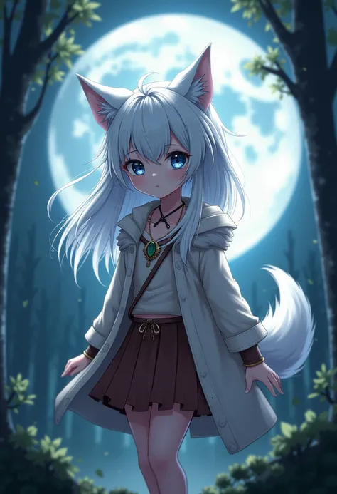 score 9, score 8 up, score 7 up , very long white hair frinje , wolf ears , blue eyes , savage girl , ( loli body) ,moon background, shiny skin ,skin wolf clothes , skirt , nomade , esquimó ,  fluffy wolf tail , forest background 