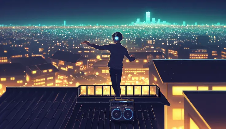 A woman dancing on a rooftop, staring at the distant glowing city, with headphones on. A warm drink or a boombox playing lofi house beats. Soft focus, dreamy bokeh lights in the background.
