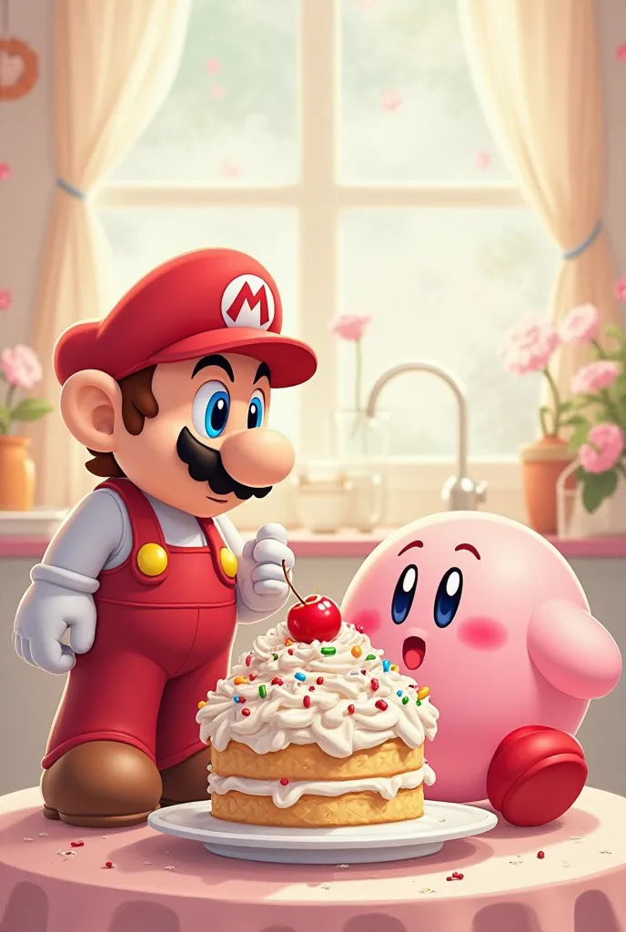 Mario goes out to eat cake with Kirby.