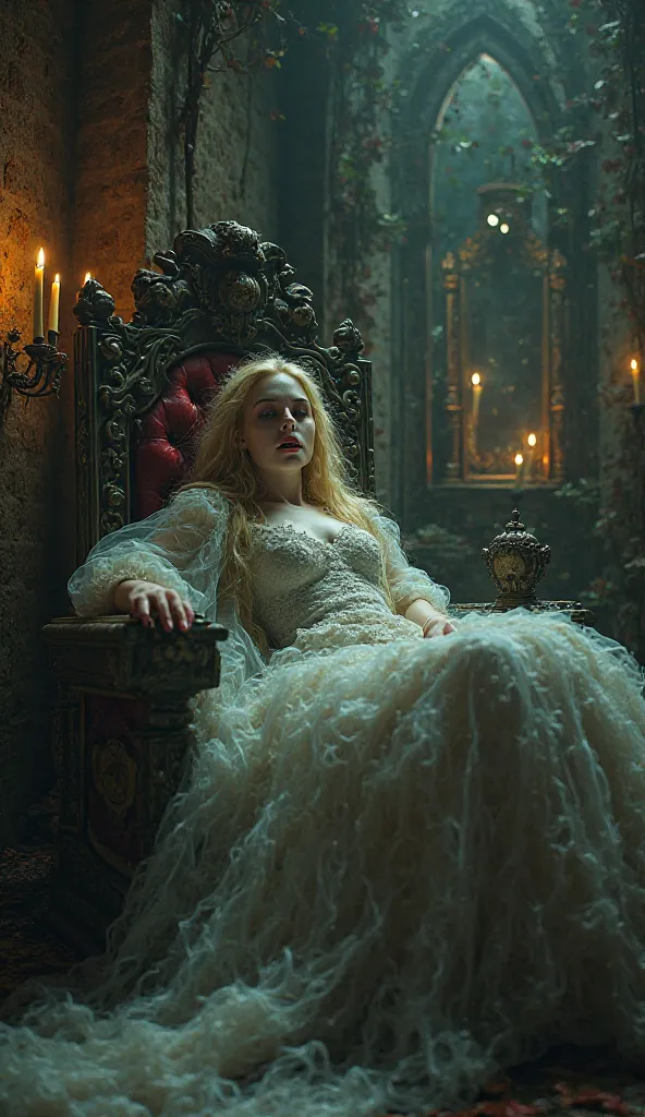 A terrifying, dark version of Aurora from Sleeping Beauty, lying in a cursed, eerie throne room. The woman is beautiful, but her features are twisted in a chilling way: her porcelain skin is deathly pale, her long, golden hair is tangled and unnaturally st...