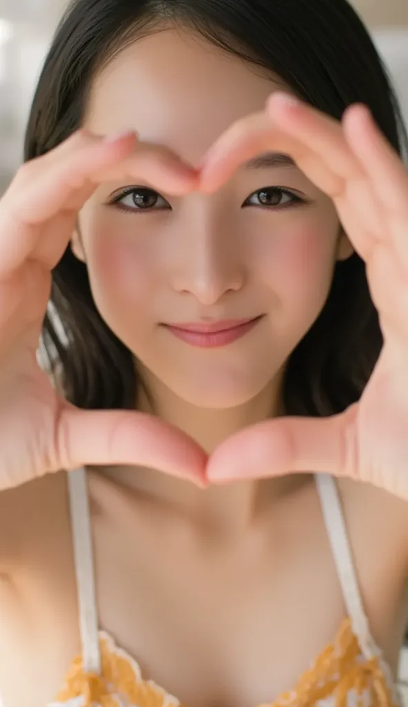 She wears a camisole, makes a heart shape with both hands, and poses in front of her chest, Close-up shot of winking and smiling