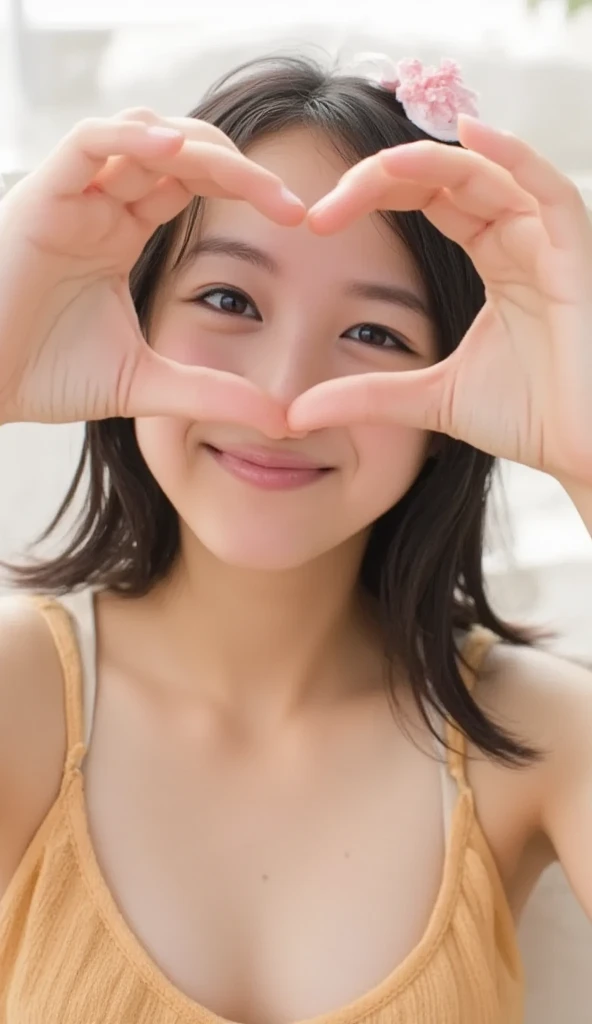 She wears a camisole, makes a heart shape with both hands, and poses in front of her chest, Close-up shot of winking and smiling