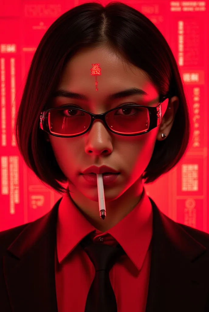 A futuristic cyberpunk portrait of a young individual with sleek black hair, wearing high-tech augmented reality glasses with a red and black interface. Their face integrates cybernetic enhancements, featuring sleek metallic plating and embedded circuits, ...