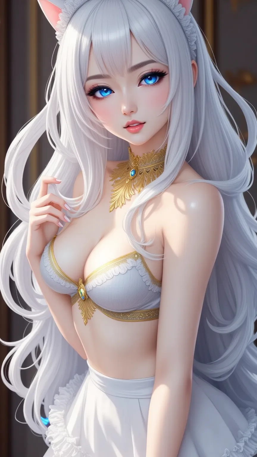 high quality,4K,Fine details,realistic,major,Vivid Color,Pock,Japanese maid,Exquisite Face ,Liu Hai White Long Hair,Cat Ear Headpiece,Blue Yellow Double Eyes,Sexy White Wavy Maid Dress, skirt,White Silk Stockings, white heels ,Shy expression, Ambient Backg...