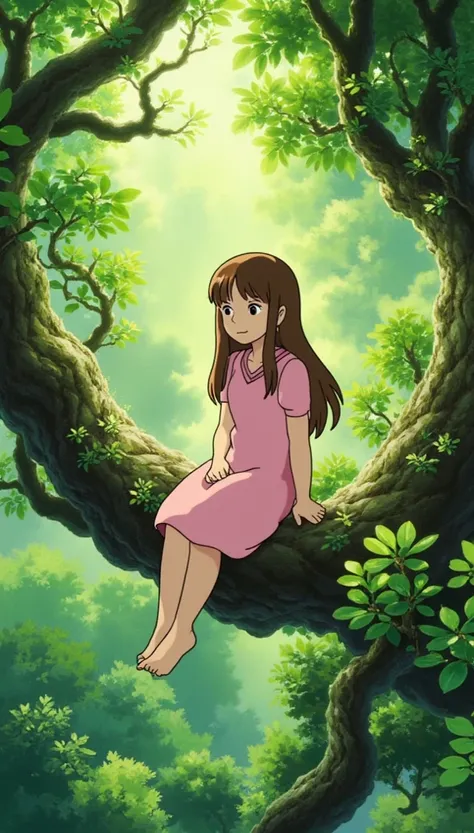 studio ghibli style character,young girl,long brown hair,gentle expression,sitting on a tree branch,surrounded by lush greenery,sunlight filtering through the leaves,soft pastel colors,beautiful natural scenery,intricate detailed rendering,4k,high resoluti...