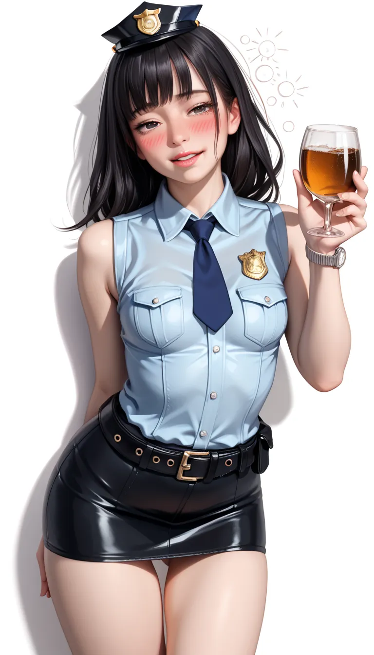  Beautiful Japanese Women,( 1girl :1.5),(slender body:1.2),( small tits:1.0),(white collared sleeveless police shirt:1.2),(white super mini police skirt:1.2),(black leather equipped police belt:1.5),real skin ,small breasts, black hair,Ultra-detailed round...