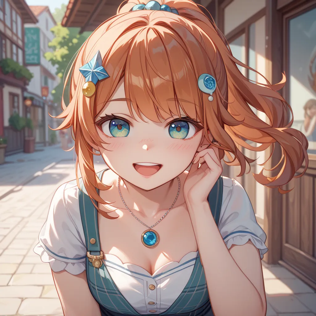 Copper hair、small hair ornament、high ponytail、long hair、 eye larger、Keep the outer corner of your eye high 、lashes slightly longer、Small nose、Open your mouth slightly、smile、18 years old、Lean forward、Short sleeve、Chest Exposure、 pendant