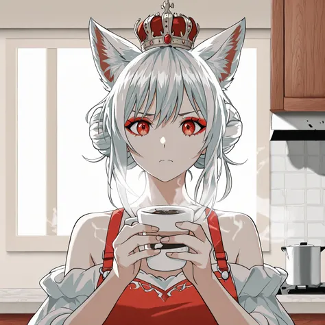 Female, Beautiful tied-up White hair, Fox ears, Angry face, Red eyes, Make up, Red eye shadow,  Crown, Royal clothing, Standing in a kitchen, drinking coffee cup