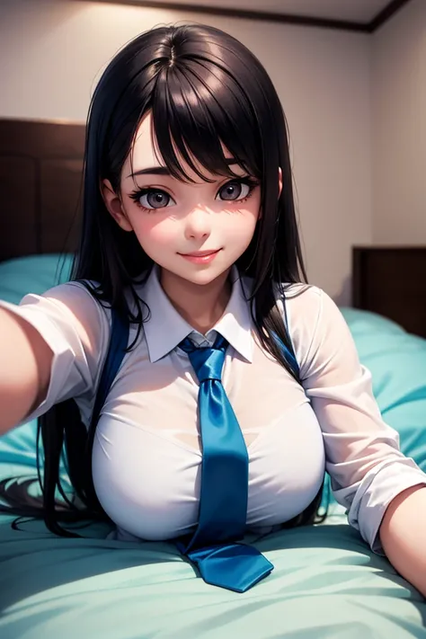 Arab Asian woman in white shirt and blue tie is lying on bed,  Don't Fidget Smile ,  cute high school girl , a  super realistic high school girl ,  super realistic high school girl , mischievous smile,  A young and cute girl, (software) Watch Safe Workplac...