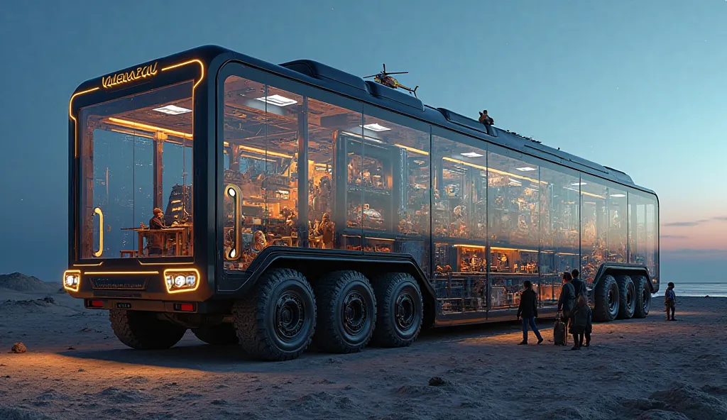 A colossal and ultra-realistic futuristic expedition truck, towering like a 20-story building and as vast as multiple football fields. This truck isn’t just a vehicle; it is a self-sufficient mobile city, complete with entire living quarters, luxurious bed...