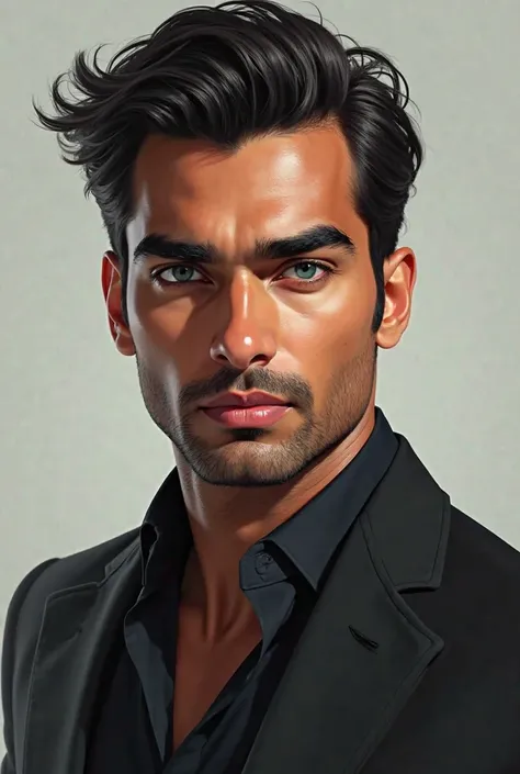 A indian handsome hot man with thick eyebrows and eyelashes with deep blue ocean eyes attractive eyes pointed sharp nose light mustache sexy thin  but red lips greek god features with black suit