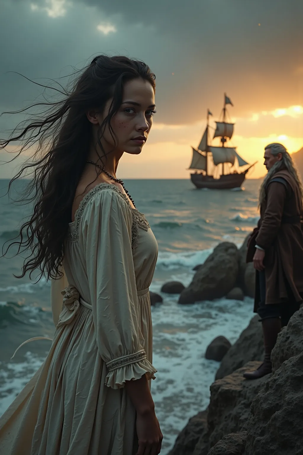 A photorealistic scene set on a windswept seashore at twilight, capturing the melancholic romance of a pirate tale. In the foreground, a woman with long, dark, windblown hair stands on a rocky cliff overlooking the sea, her weathered white dress fluttering...