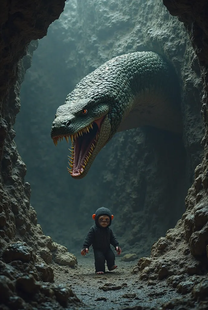 A huge dangerous anaconda snake comes near a small ape baby in a cave in 3D realistic view 