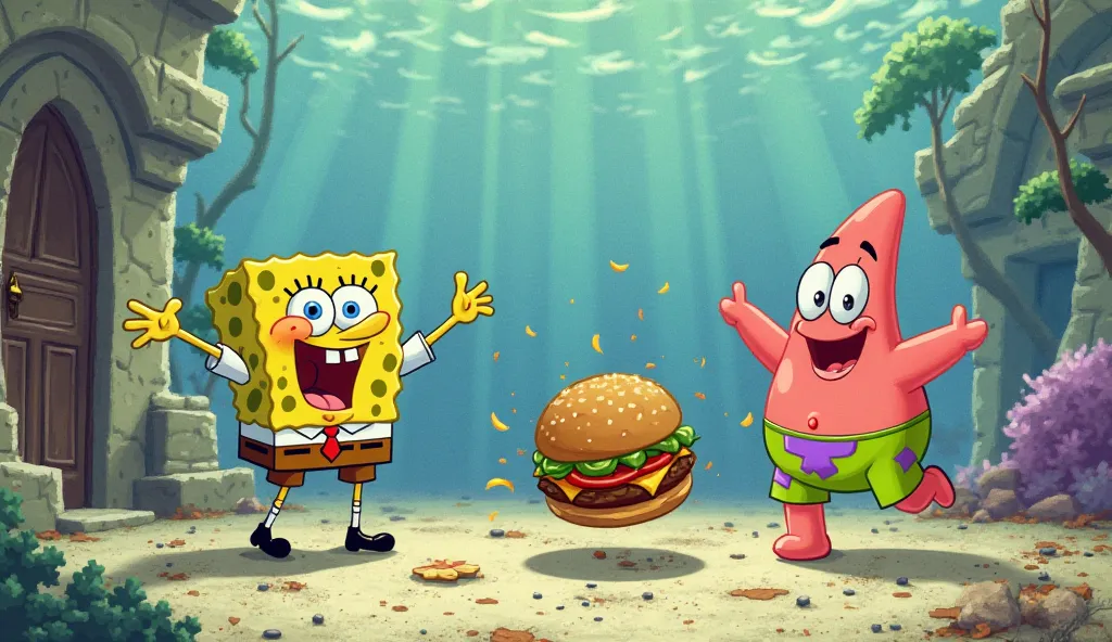 spongebob and Patrick chase White to get the hamburger back)

spongebob: (singing)我们必须 Take back the hamburger!

Patrick: (singing) Yes! We won't let White steal our hamburgers!

(spongebob and Patrick arrive at White's and prepare to retrieve the hamburge...