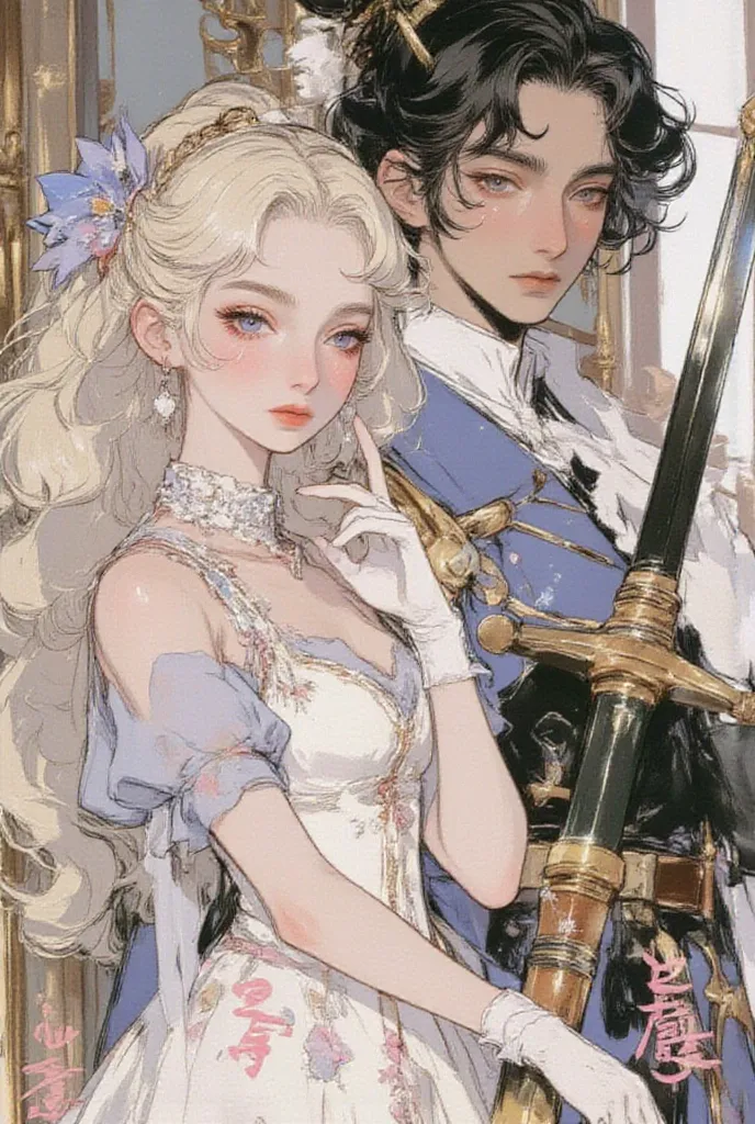 An otome book cover of a beautiful 17-year-old rainasances asian princess with blond hair beautiful blue eyes (she is a Korean villainess) ahe is wearing extravagant ball gown decorated with diamonds and beautiful gloves and beside her is a 18 years old du...