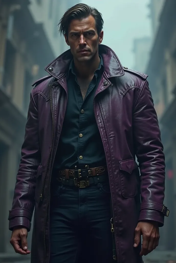 make a man standing front wearing a violet and brown leather jacket