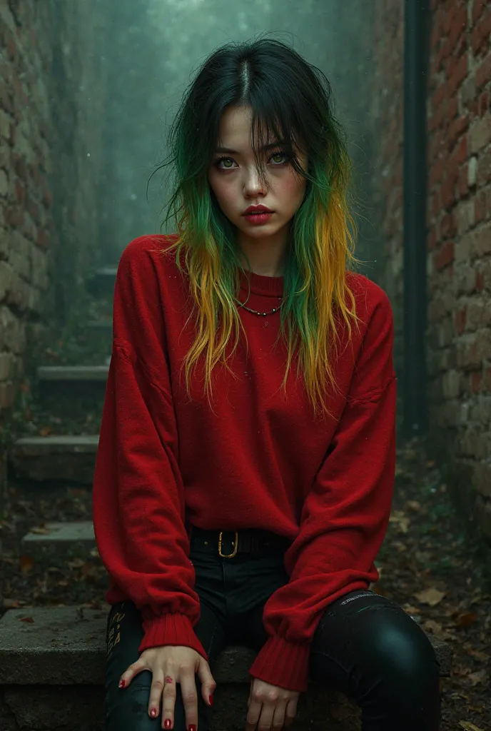 Japanese vampire woman with green yellow and red hair red sweater black jeans 