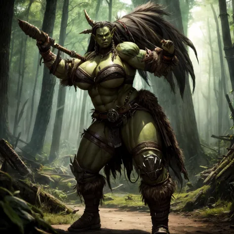 Young orc woman (big fangs), female orc, (green skin) , fearsome, dirty skin and hair, dirty linen and leather clothes, big saggy breasts, skin imperfections, skin dentation, bone jewelry, forest background, natural lighting, tribal tattoos, muscular, big ...