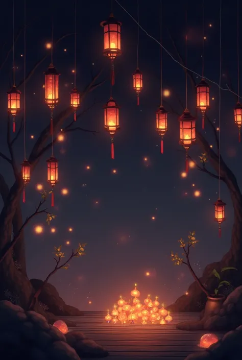 Lanterns hanging up in the dark and start night 