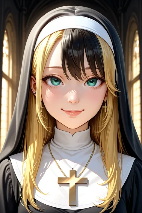 4k, high quality, best, nun cosplayer, dark room, wear cross, full body, sexy pose, 