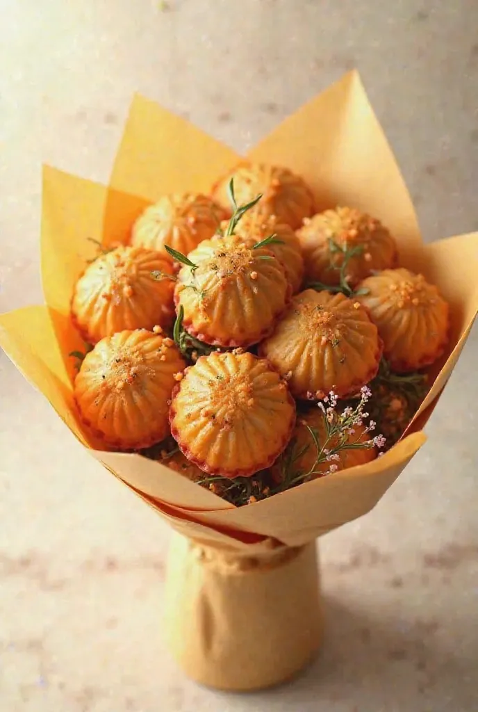 create a bouquets of flower, replace the flower with currypuff. I want it looks delicious