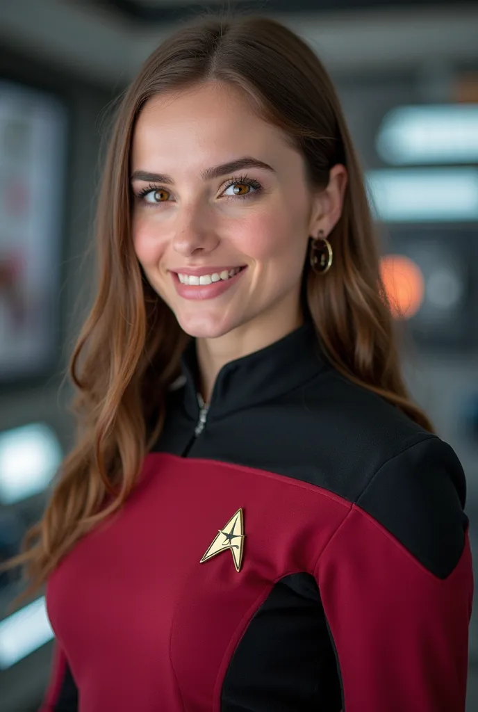 The pretty smiling face of my 18yo English daughter who looks similar to Emma Watson, brown eyes, long straight brunette hair, she is a Star Trek Captain in a Star Trek uniform