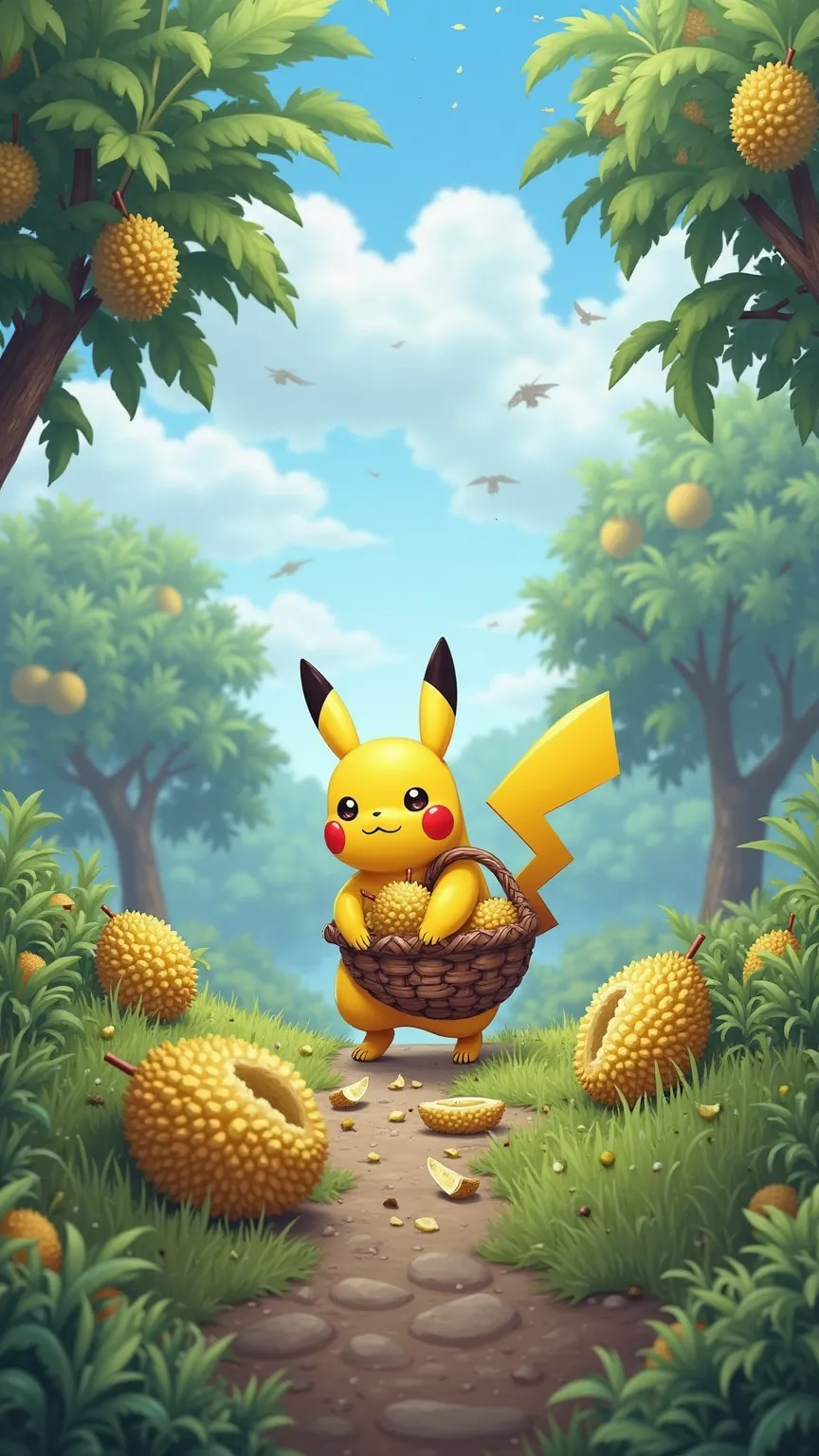 After the storm, Pikachu is in the durian orchard, carefully picking up fallen durian fruits. The weather is now calmer, with a few clouds in the sky. Pikachu looks determined, carrying a basket filled with durians. Some trees still have fruits, and the or...