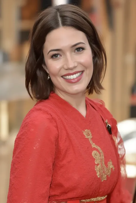 best quality, highres, 8k, masterpiece, photography, detailed midbody photorealistic portrait. Mandy Moore wears a rich red yukata featuring intricate dragon and phoenix motifs, symbolizing power and grace. The fabric is light yet luxurious, with gold thre...