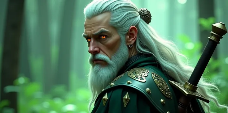 image d'un cler du domaine de la ruse lancant un sort d'une lueur verdatre , With orange eyes ,white hair ,en train de combattre ,He is in his thirties and has a sacred symbol hanging on his back ,qui laisse deviné son appartenance au dieu loki