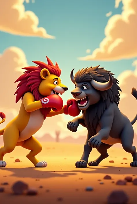 A fierce boxing match unfolds between a lion and a buffalo. At the start, the lion moves swiftly, aiming to land quick punches, while the buffalo counters with its powerful strikes. In the middle of the fight, both endure heavy blows, showing resilience. I...