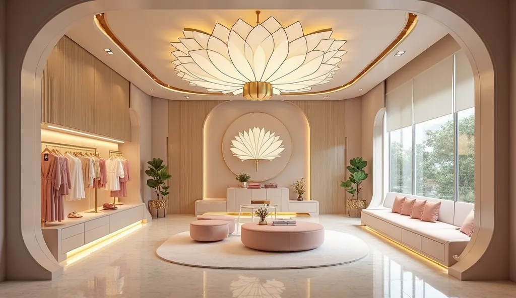 70
The fashion shop design, inspired by the stylized lotus shape, embodies serenity and elegance. The lotus motif is seamlessly integrated into the walls, ceiling patterns, and furniture accents, creating a harmonious flow. Soft, curved lines mimic the pet...