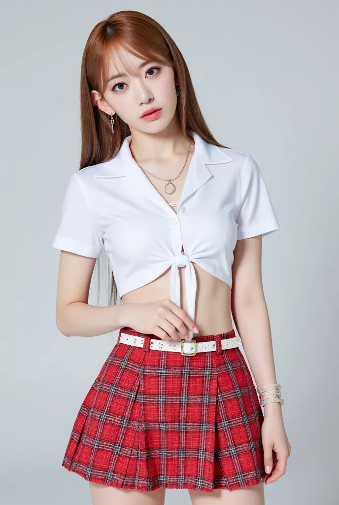 Best quality, 8k, masterpiece, super high resolution, (photorealistic: 1.4), RAW photo, BREAK (red and white theme:1.4), (Caramel Hair、Bright and long hair ), (sexy school uniform:1.2), ((girly fashion, punk style):1.2), (close-fitting ultra low rise (red ...