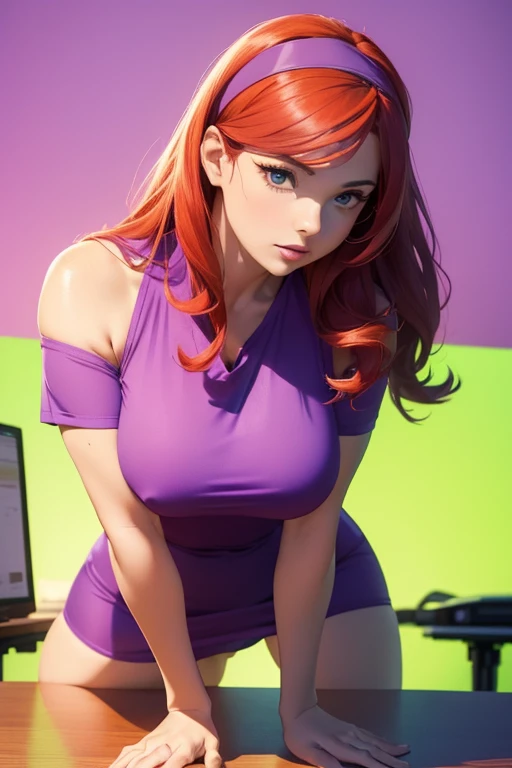 ((Masterpiece, t-shirt, computer, Ultra-HD, Photorealistic, Cinematic)), ( camera shot nearby:1.2), (sensual pose), (attractive and voluptuous female like Daphne Blake ), perfect anatomy, perfect face, Big breasts, proportionate hands, (  red hair up to he...