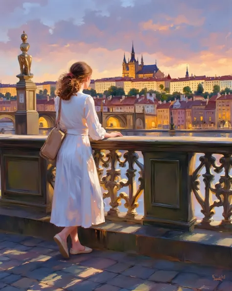 V.V. style,   , oil painting, Leaning back against the bridge railing, holding a handbag with both hands, waiting for someone, woman, on Charles Bridge, Praha cityscape, Vltava, old townscape, statue of a saint, stunning views of the illuminated Charles Br...