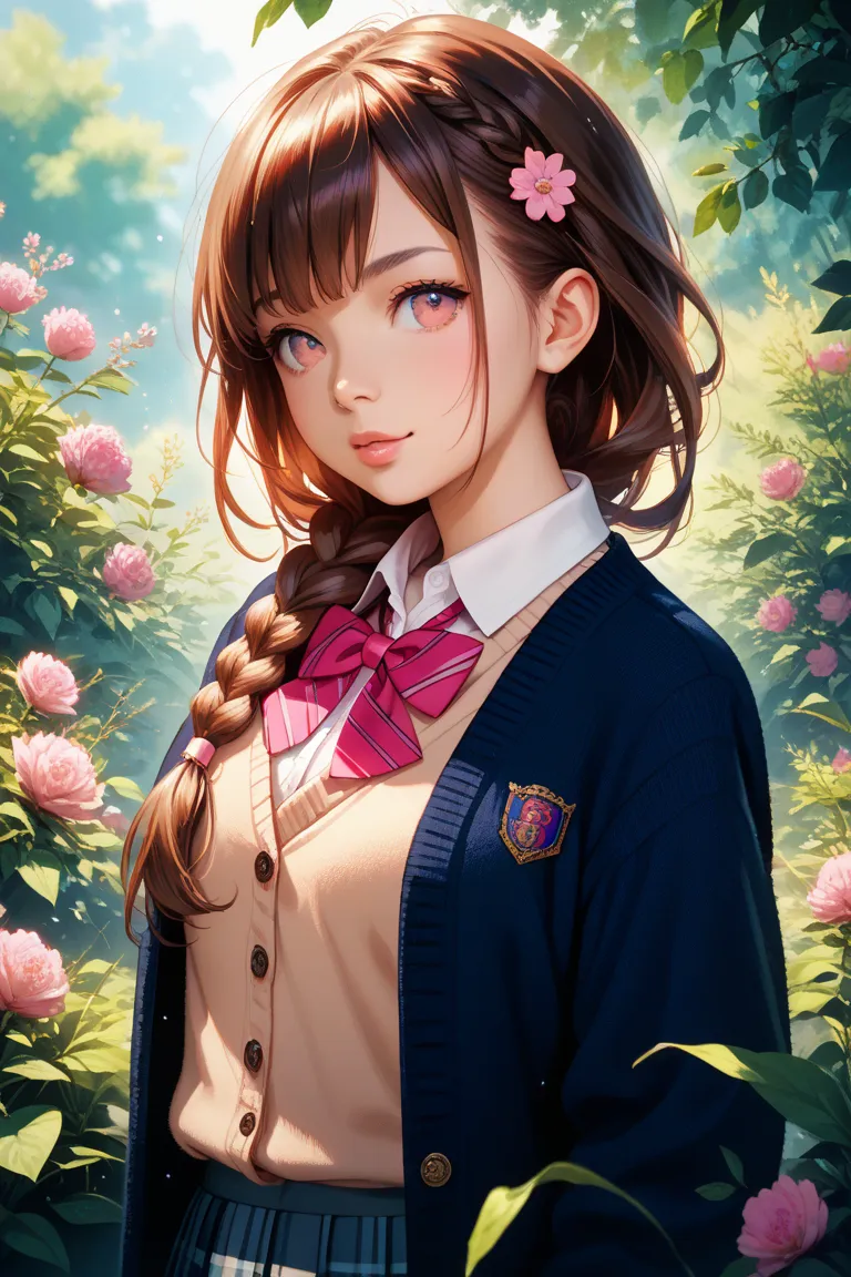 Braid Half Up Brown Hair Long Pink Eyes Fluffy Girl Uniform Cardigan Anime Style