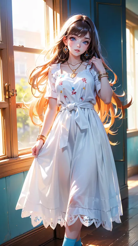 ((masterpiece, (  anorexia 、 beautiful , masterpiece, 高quality,  16K Ultra HD , (masterpiece), (（( 最高quality), ((detailed faces,  cute face )), ( wears a long white embroidered dress ,  red lace shirt ,  wears a white apron on her waist , blue socks,  Brow...