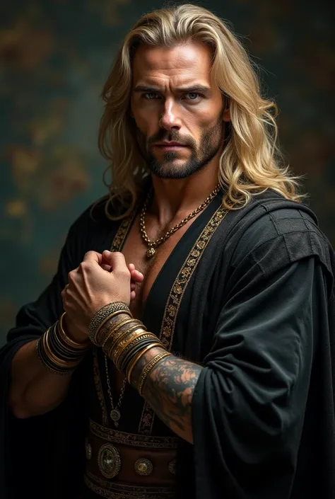 Realistic photo in a classic, dramatic style, depicting a 35-year-old man, Square face with attractive features, high cheekbones, highly erotic, most sexie. 
Handsome HOT arabian  Man. Wizard. Full body. Time Wizard Hero Costume. Color black Costume. Long ...