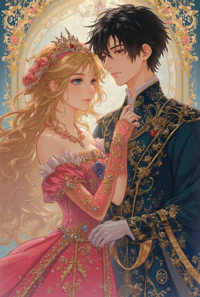 An otome book cover of a beautiful 17-year-old rainasances asian princess with blond hair beautiful blue eyes (she is a Korean villainess) ahe is wearing extravagant ball gown decorated with diamonds and beautiful gloves and beside her is a 18 years old du...