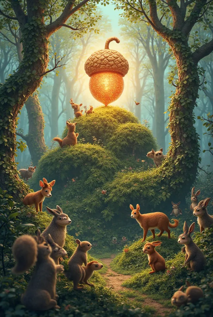 Make a 3d of other animals in a forest that allured of the glowing acorn at the top of mystic hill