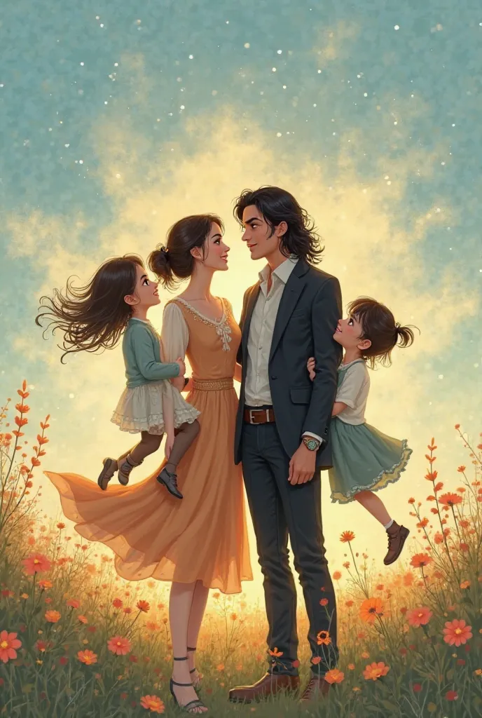 Create a stunning, heartwarming illustration of a loving couple standing close together, gazing affectionately at their twin ren—a boy and a girl, both around . The couple should exude warmth and unity, with the man and woman dressed in complementary, eleg...