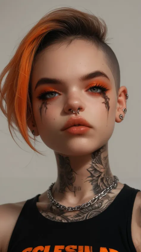 

character:  An evil woman with short, red-orange colored hair ,  with a shaved cut on the sides .
 Heavy black eye makeup , Serious and closed expression , lip and nose piercing, body tattoo 

Clothing:  Wear a black sleeveless blouse with details such a...