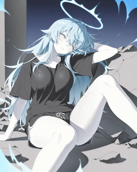 best image quality、Hi-Res、 diamond blue hair 、white eyes、、rooftop、  BLACK HIM T-SHIRT 、beautiful breasts、  best thighs、Blue aura、 long hair、best image quality、floating rubble、black shorts、 white skin、 the royal family、、Straight face、Waking up、Bedhead、 blac...