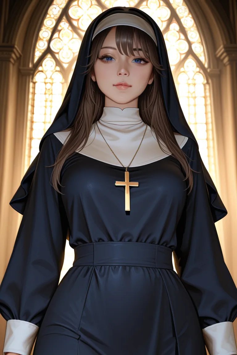 4k, high quality, best, nun cosplayer, dark room, wear cross, full body, sexy pose,  whole body, 