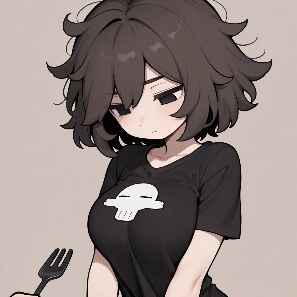 Masterpiece, t-shirt,  highres,  Cartoon illustration, 1 girl, Alone, brown hair, short hair, messy hair, choke, looking down,  black t-shirt ,  black eyes, black fork ,  Simple background ,  light brown background , =_=, White circles , upper body, foregr...